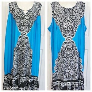 Catherines Light Blue & Black Print Sleeveless Stretch Shift Midi Dress 3X